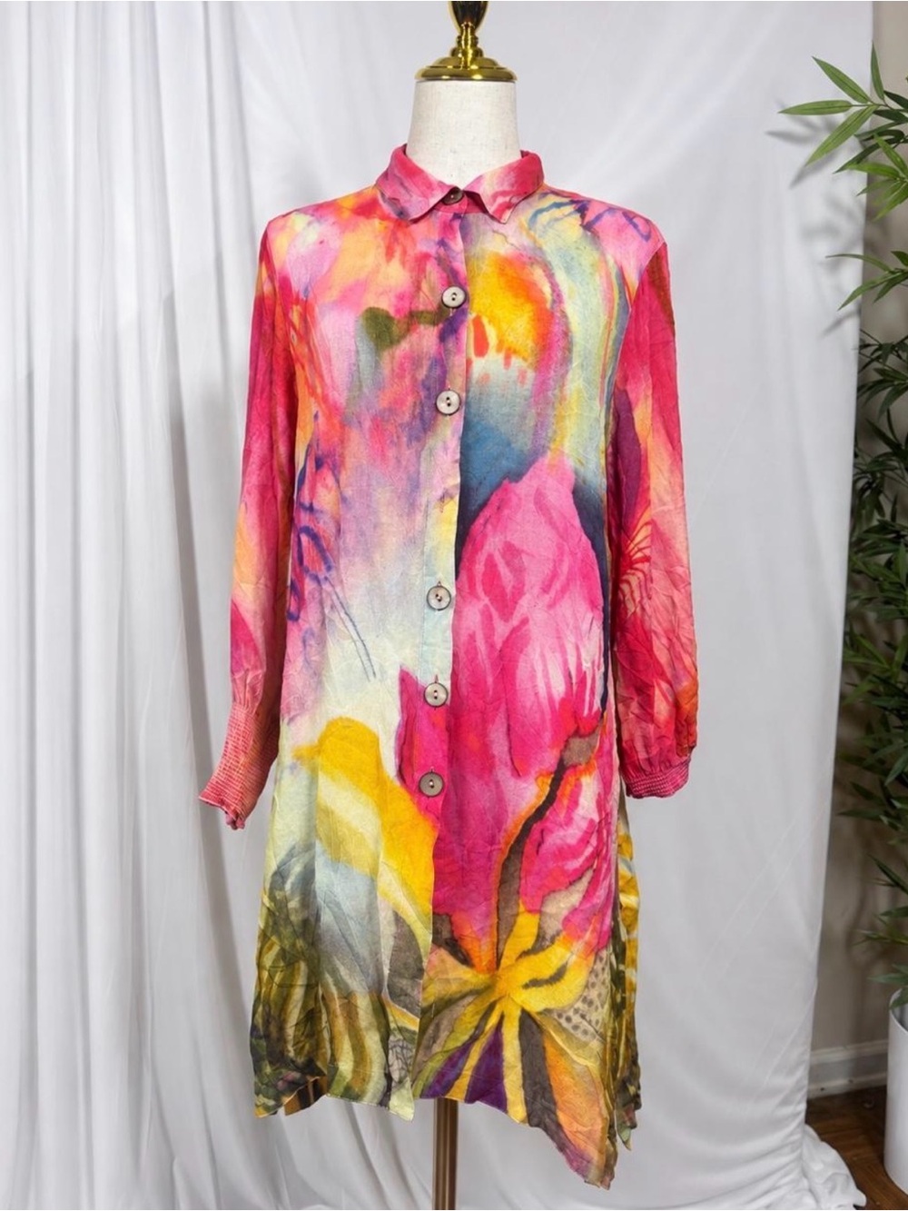 John Mark Multicolor Watercolor Floral Button-Front Long Sleeve Dress